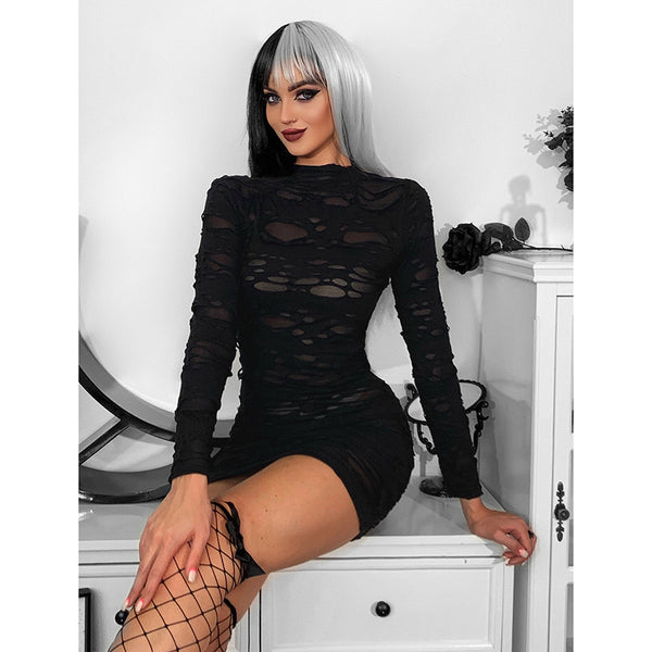 Sexy Dark Aesthetic Alternative Black Distressed Long Sleeve Body-con Dress