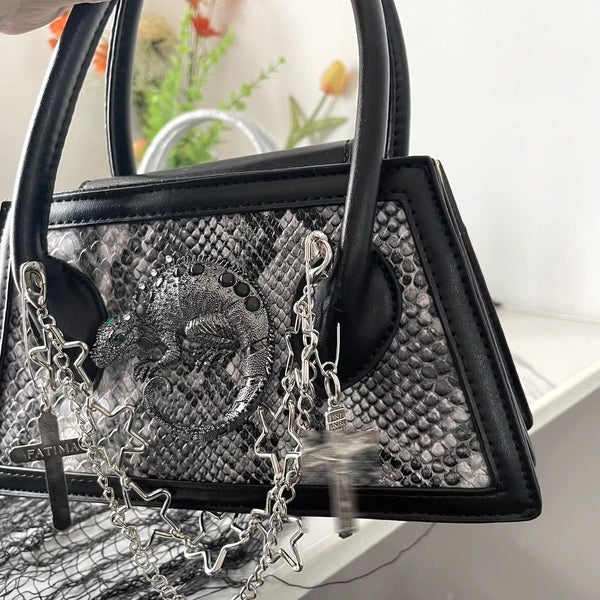 Goth Alternative Spider and Lizard Small Tote Bag with Chain in Black and Silver
