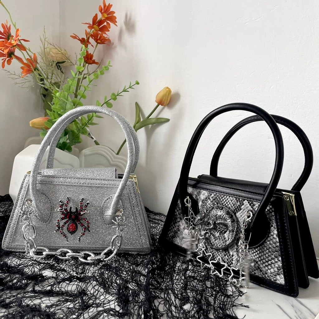 Goth Alternative Spider and Lizard Small Tote Bag with Chain in Black and Silver