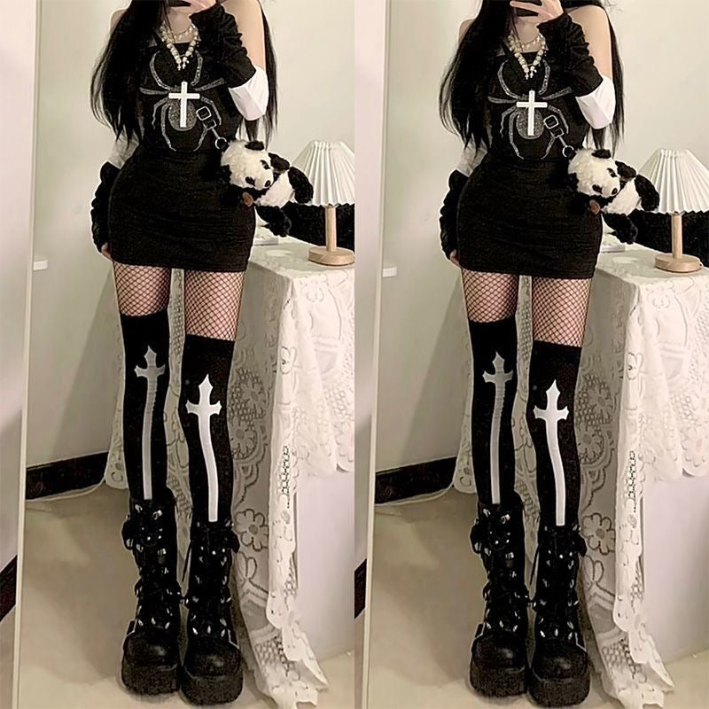 Goth Punk Alternative Cross Over The Knee Socks in Black and White