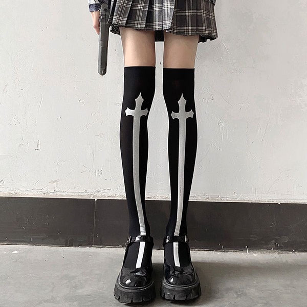 Goth Punk Alternative Cross Over The Knee Socks in Black and White