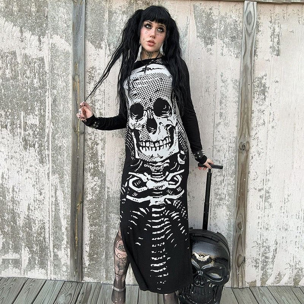 Punk Dark Aesthetic Skeleton Long Sleeve Black Maxi Dress