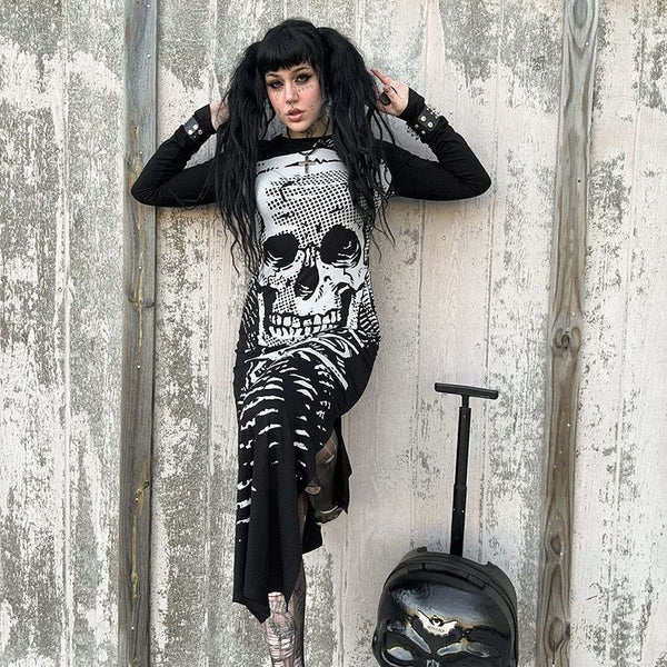 Punk Dark Aesthetic Skeleton Long Sleeve Black Maxi Dress