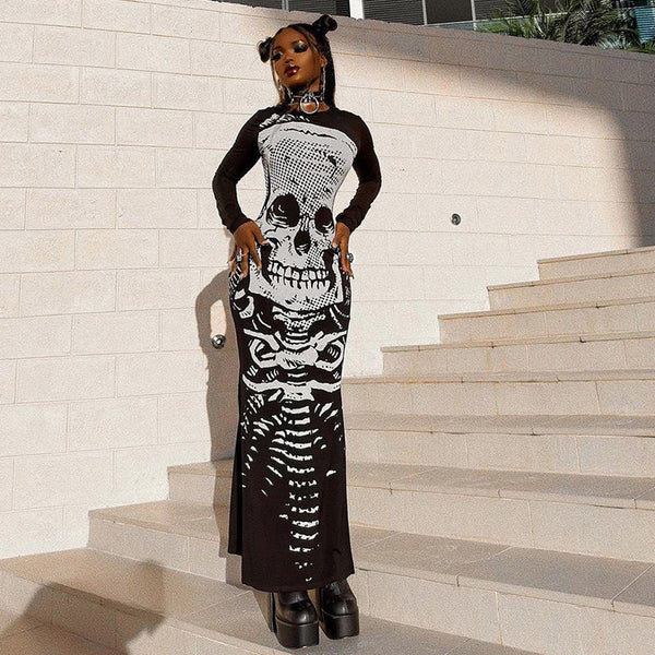 Punk Dark Aesthetic Skeleton Long Sleeve Black Maxi Dress