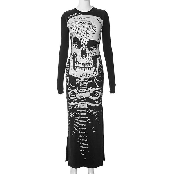 Punk Dark Aesthetic Skeleton Long Sleeve Black Maxi Dress