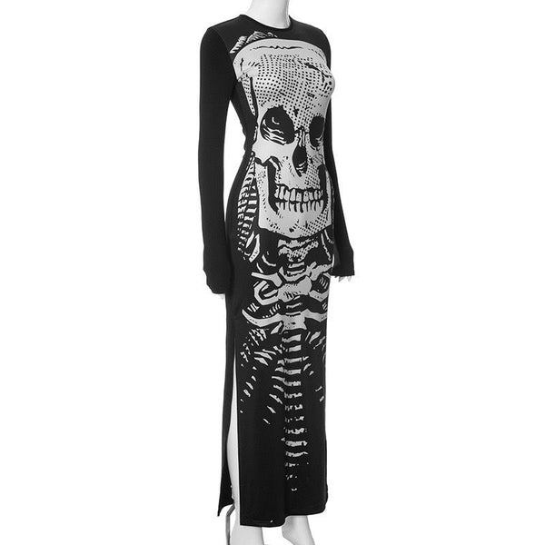 Punk Dark Aesthetic Skeleton Long Sleeve Black Maxi Dress