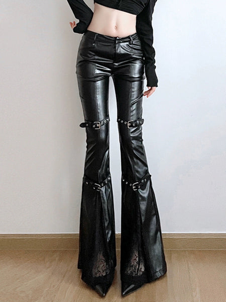 Goth Dark Aesthetic Black Leather Flare Pants