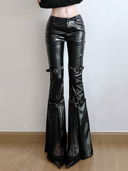 Goth Dark Aesthetic Black Leather Flare Pants