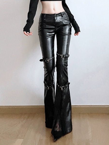 Goth Dark Aesthetic Black Leather Flare Pants