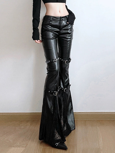 Goth Dark Aesthetic Black Leather Flare Pants