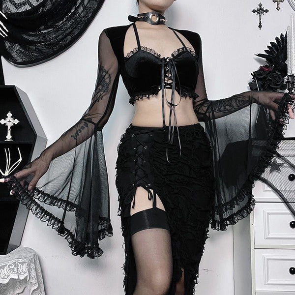 Goth Dark Aesthetic Bell Sleeve See-through Shrug + Lace Edge Cami Top and Side Split Skirt