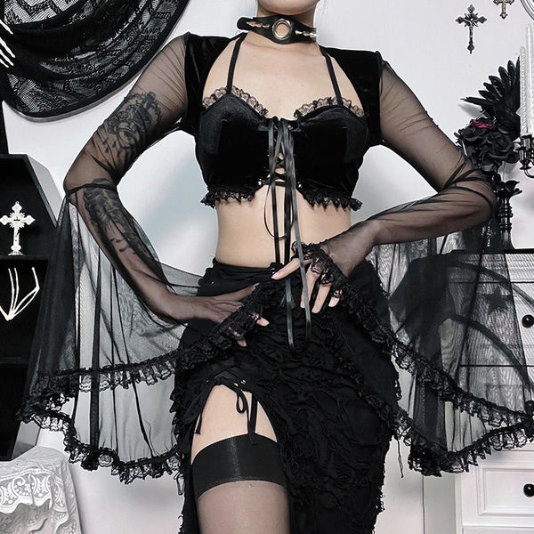 Goth Dark Aesthetic Bell Sleeve See-through Shrug + Lace Edge Cami Top and Side Split Skirt