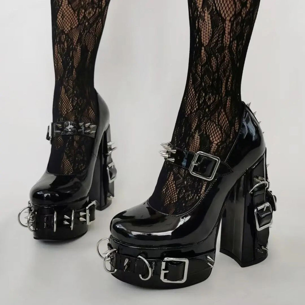 Goth Alternative Black Patent Leather Studded Mary Jane Platform Pumps Heels 【No Cancellation and Return】