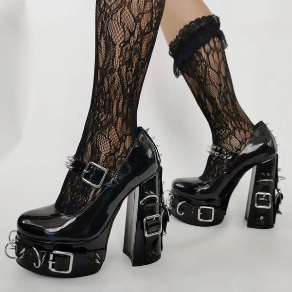 Goth Alternative Black Patent Leather Studded Mary Jane Platform Pumps Heels 【No Cancellation and Return】