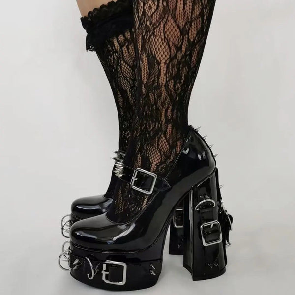 Goth Alternative Black Patent Leather Studded Mary Jane Platform Pumps Heels 【No Cancellation and Return】