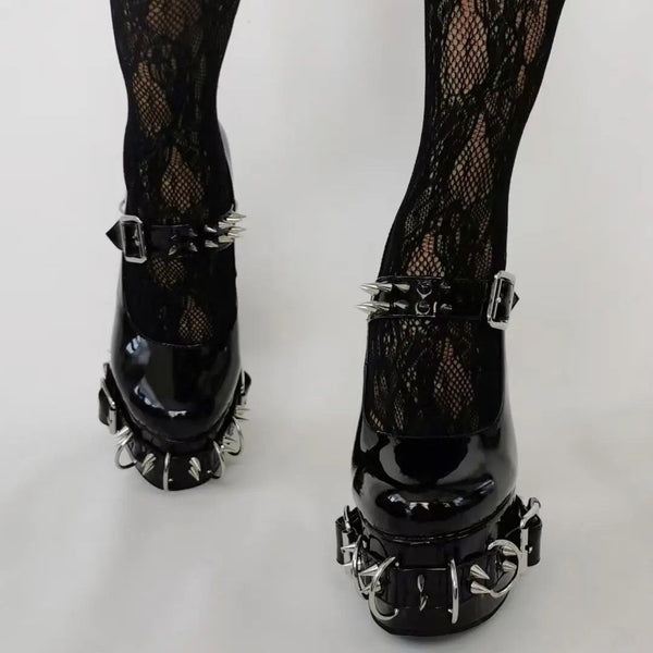 Goth Alternative Black Patent Leather Studded Mary Jane Platform Pumps Heels 【No Cancellation and Return】