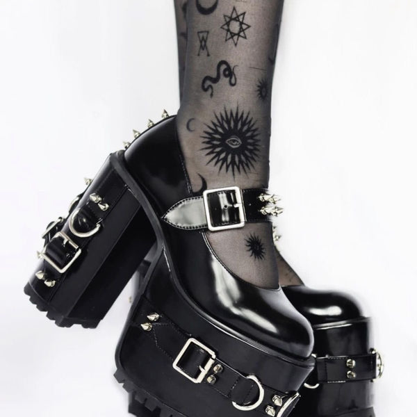 Goth Alternative Black Patent Leather Studded Mary Jane Platform Pumps Heels 【No Cancellation and Return】