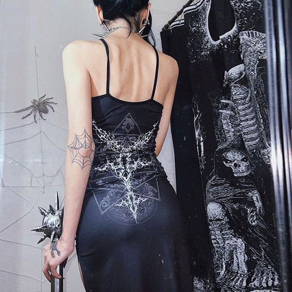 Goth Satanic Goat Black Spaghetti Midi Dress