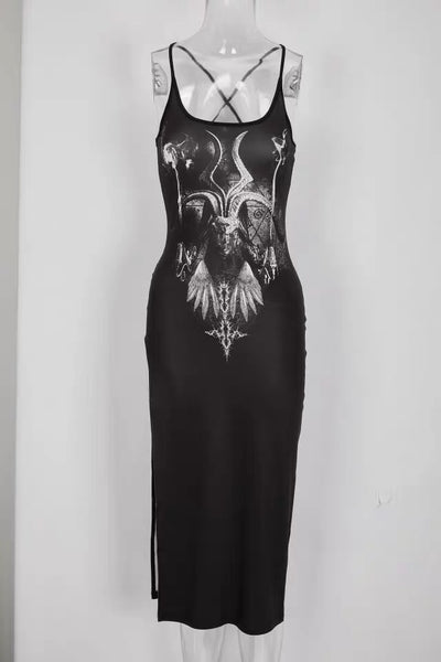 Goth Satanic Goat Black Spaghetti Midi Dress