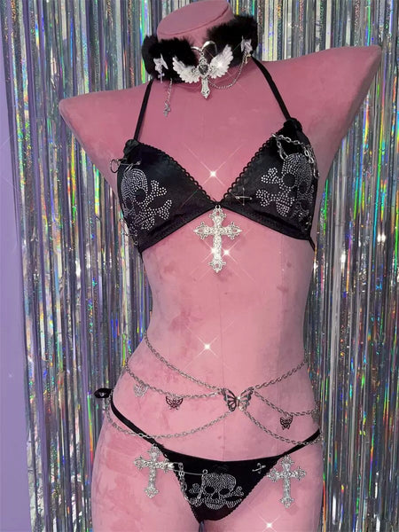 Alternative Punk Skeleton Lingerie Satin Bra and Thong with Cross Charms