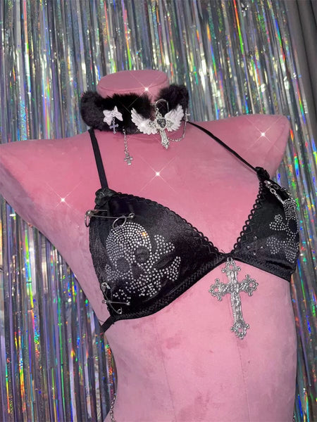 Alternative Punk Skeleton Lingerie Satin Bra and Thong with Cross Charms