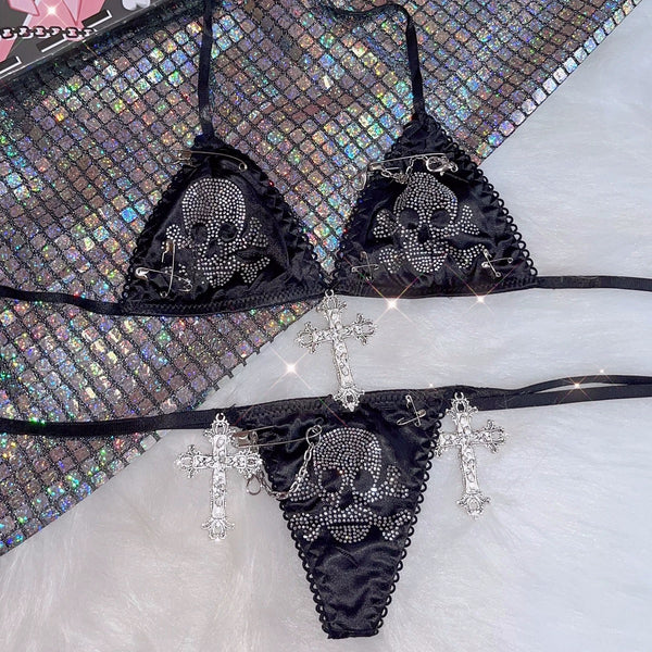 Alternative Punk Skeleton Lingerie Satin Bra and Thong with Cross Charms