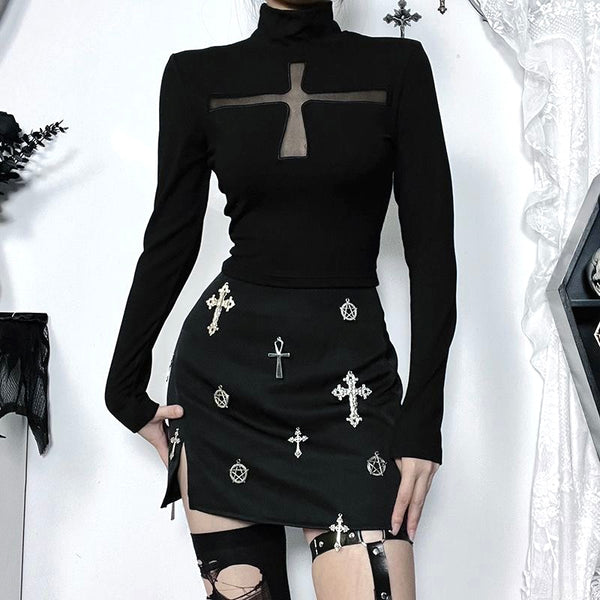 Alternative Cross-Shaped See-through Black Long Sleeve Top