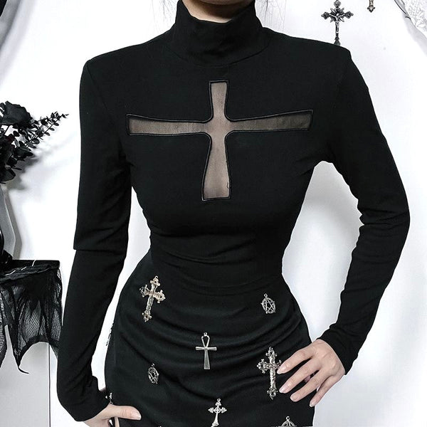 Alternative Cross-Shaped See-through Black Long Sleeve Top