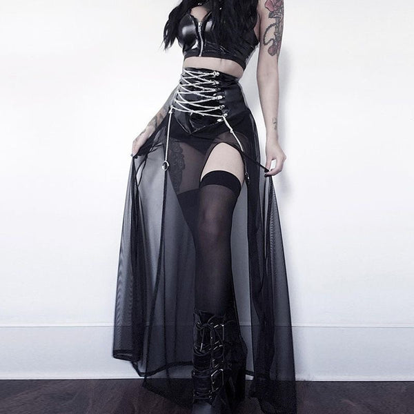 Goth Alternative Dark Aesthetic Black High-waisted Pu Leather and Chiffon Dress