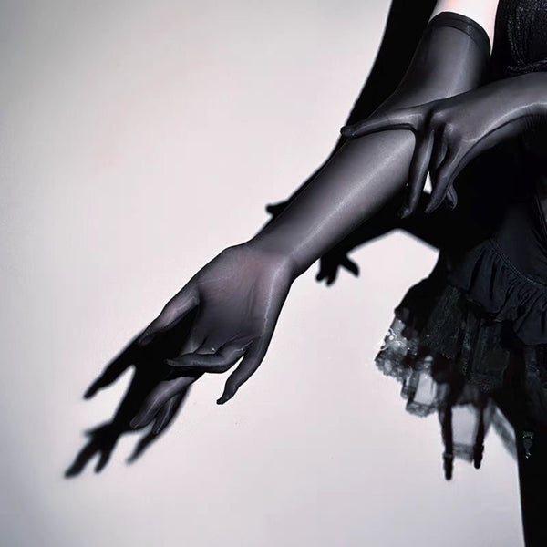 Goth Dark Aesthetic Sheer Silk Mesh Black Elbow Length Gloves