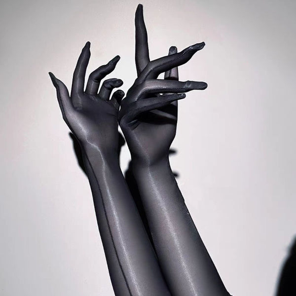 Goth Dark Aesthetic Sheer Silk Mesh Black Elbow Length Gloves