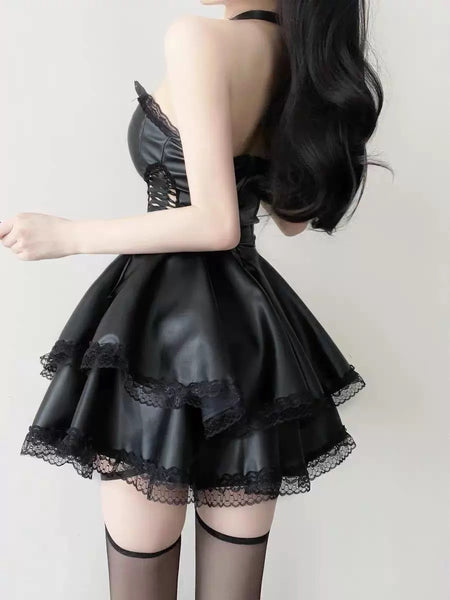 Dark Aesthetic Black Leather Strapless Bustier Dress with Lace Trim