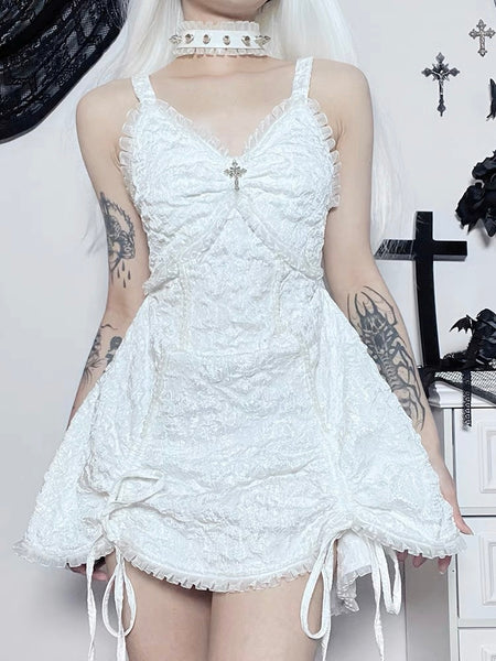 White Goth Double Side Drawstring Lace Edge Strap Dress