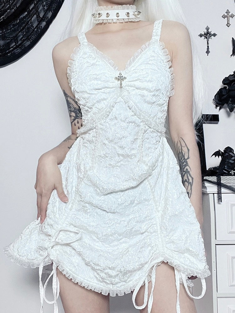 White Goth Double Side Drawstring Lace Edge Strap Dress