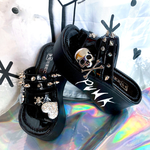 Goth Punk Y2K Skull and Studs Black Patent Leather Platform Outdoor Slippers