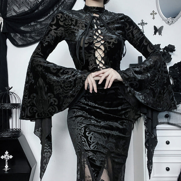 Goth Dark Aesthetic Bell Sleeves Black Velvet Tie-front Top 【Top Only】