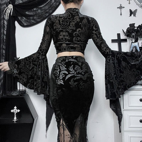 Goth Dark Aesthetic Bell Sleeves Black Velvet Tie-front Top 【Top Only】