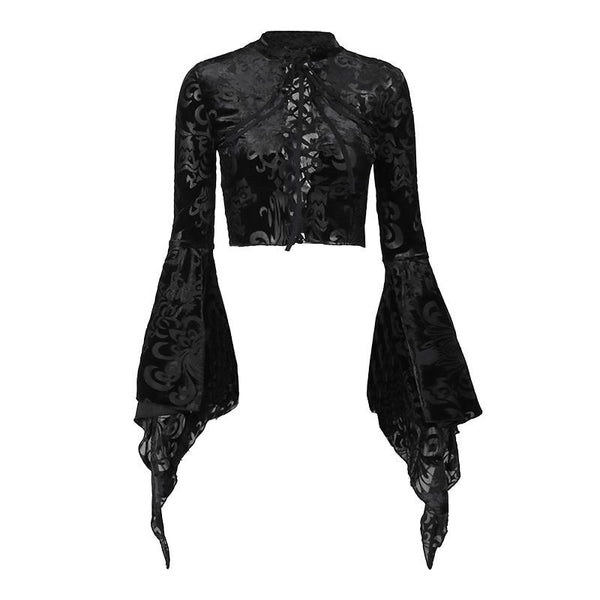 Goth Dark Aesthetic Bell Sleeves Black Velvet Tie-front Top 【Top Only】