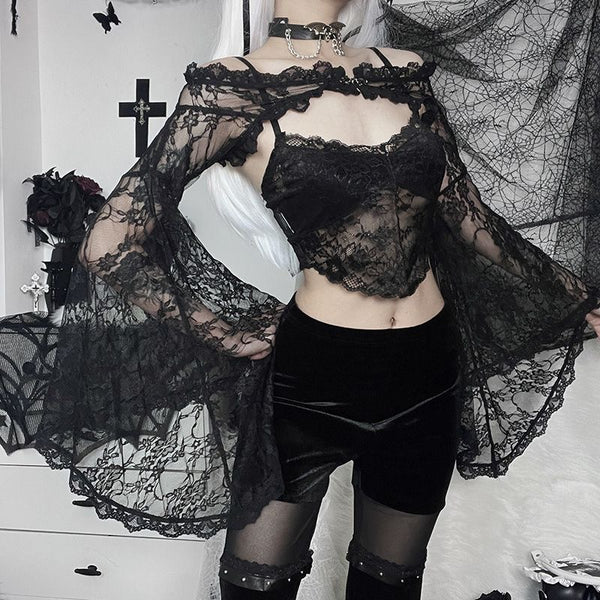 Goth Dark Aesthetic Black Large Bell Sleeves Lace Shrug 【Shrug Only】