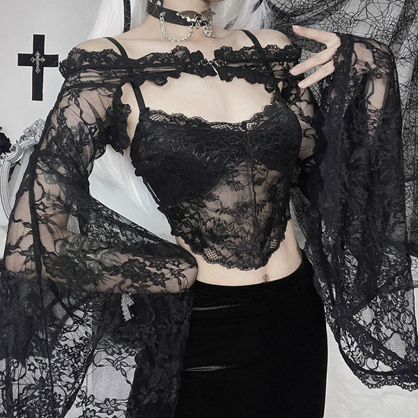 Goth Dark Aesthetic Black Large Bell Sleeves Lace Shrug 【Shrug Only】