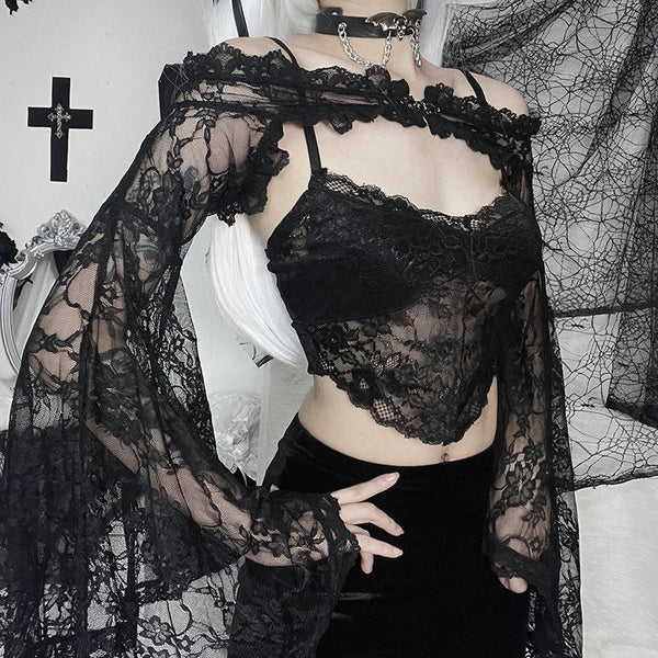 Goth Dark Aesthetic Black Large Bell Sleeves Lace Shrug 【Shrug Only】