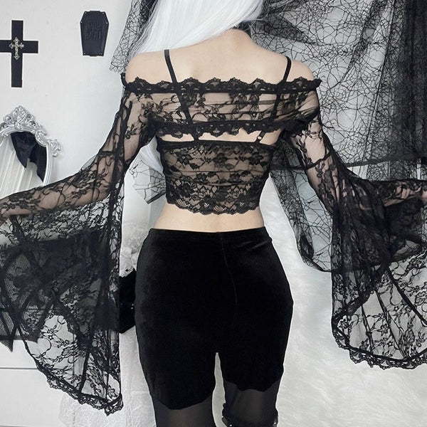 Goth Dark Aesthetic Black Large Bell Sleeves Lace Shrug 【Shrug Only】