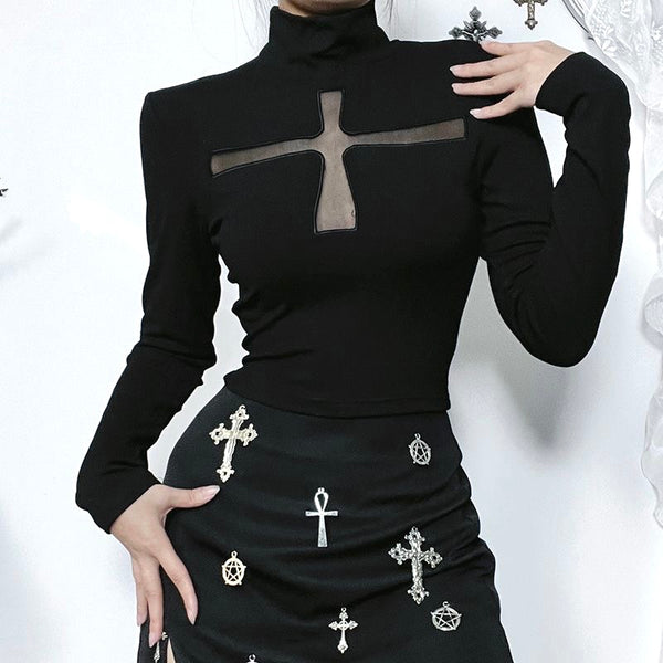 Alternative Cross-Shaped See-through Black Long Sleeve Top