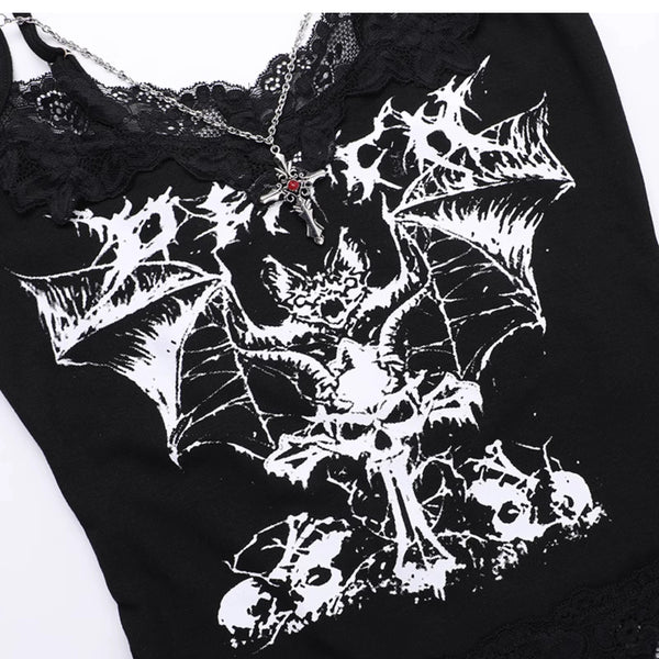 Goth Skeleton Bat Lace Edge Black Camisole Top with charm