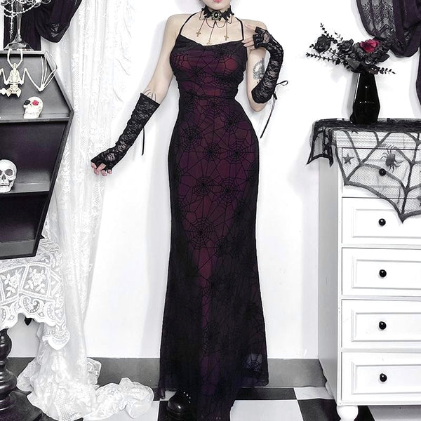 Goth Spider Web Burgundy and Black Mesh Maxi Dress