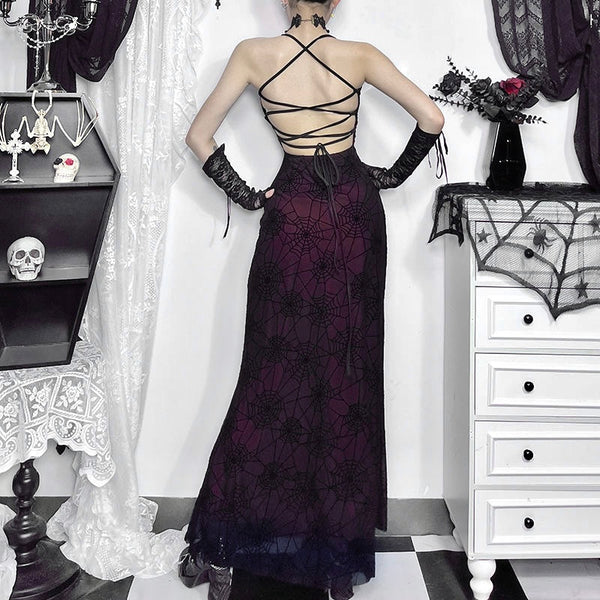 Goth Spider Web Burgundy and Black Mesh Maxi Dress
