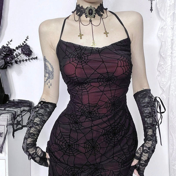 Goth Spider Web Burgundy and Black Mesh Maxi Dress