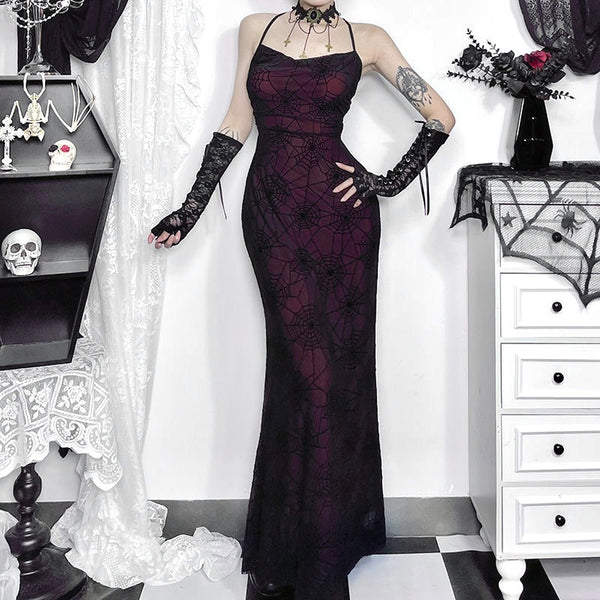 Goth Spider Web Burgundy and Black Mesh Maxi Dress