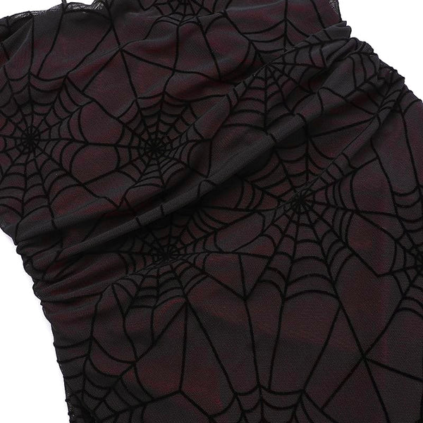 Goth Spider Web Burgundy and Black Mesh Maxi Dress