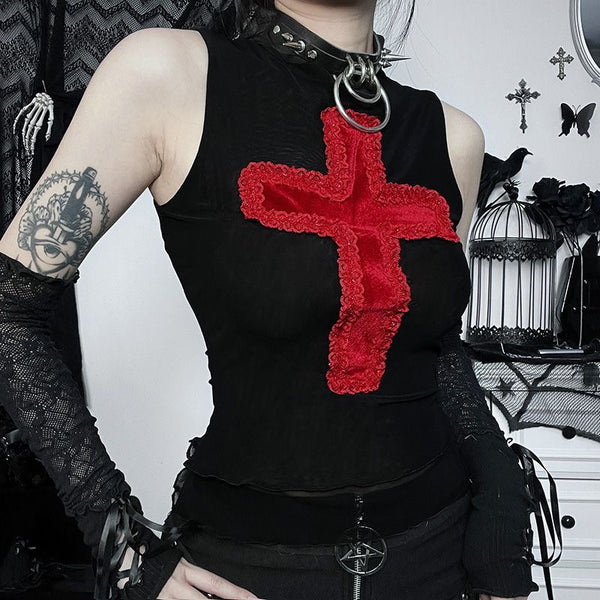 Goth Black Tank Top with Red Cross Embroidery